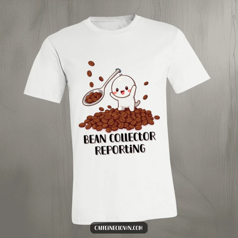 Funny t-shirt depicting a playful character attempting to catch falling coffee beans using a comically oversized spoon.
