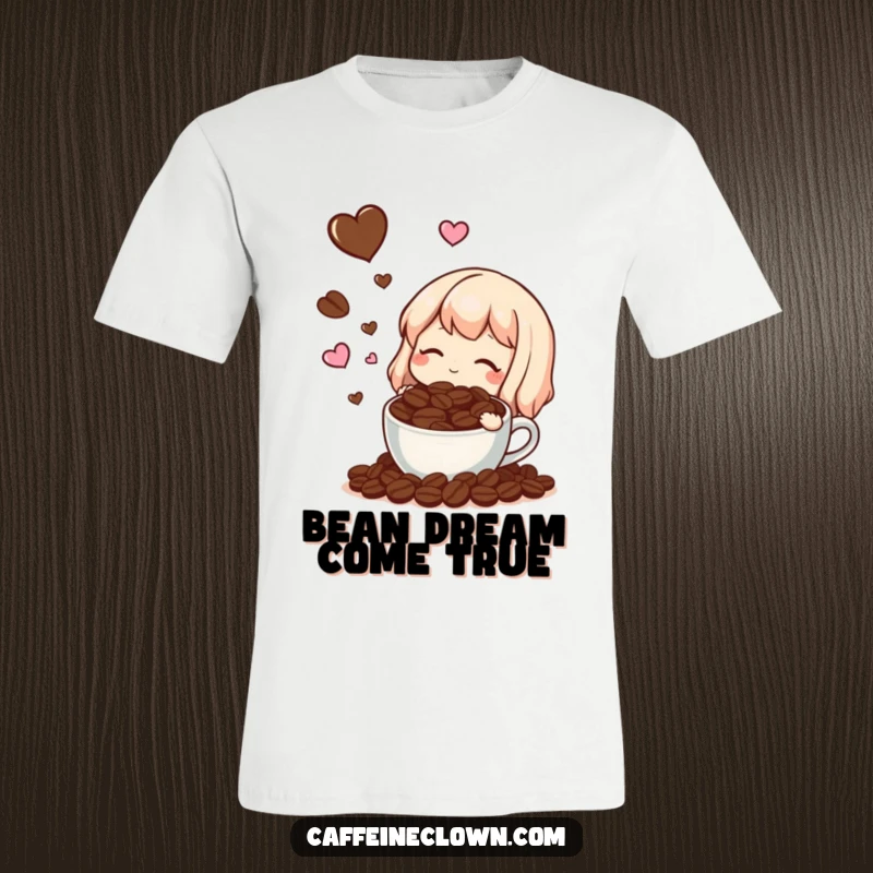 Funny t-shirt showing a character dreaming of coffee beans surrounded by tiny hearts, a humorous tribute to coffee lovers.
