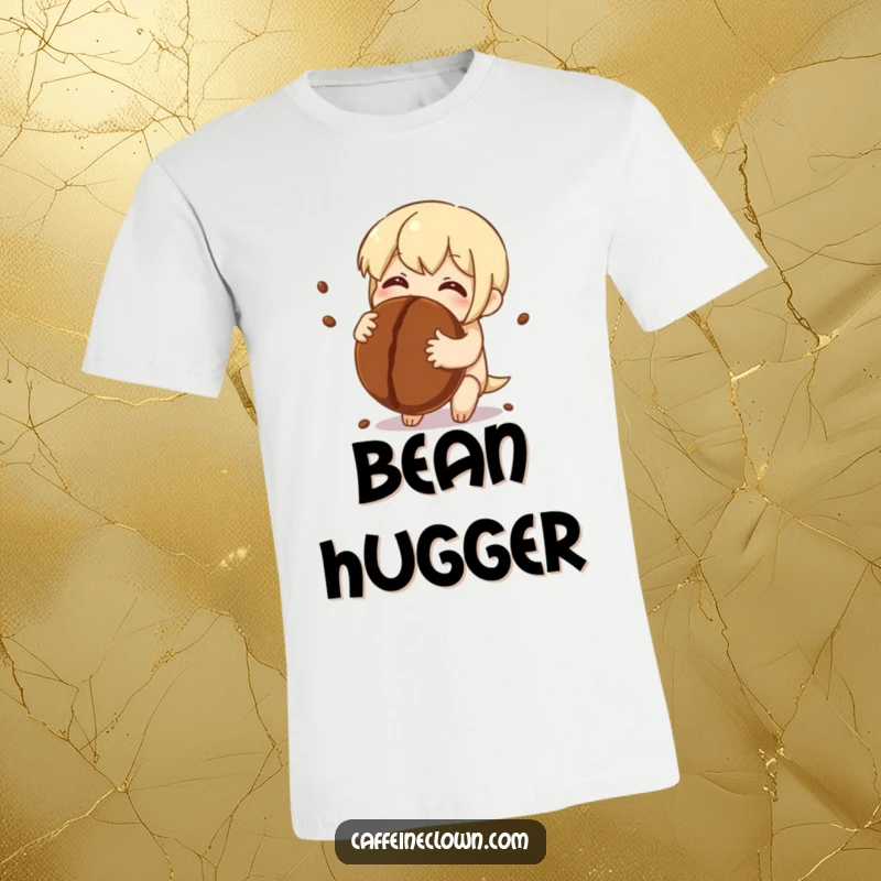 Funny T-Shirt: Character embraces a giant coffee bean with sparkling eyes and delight, showcasing immense coffee appreciation.