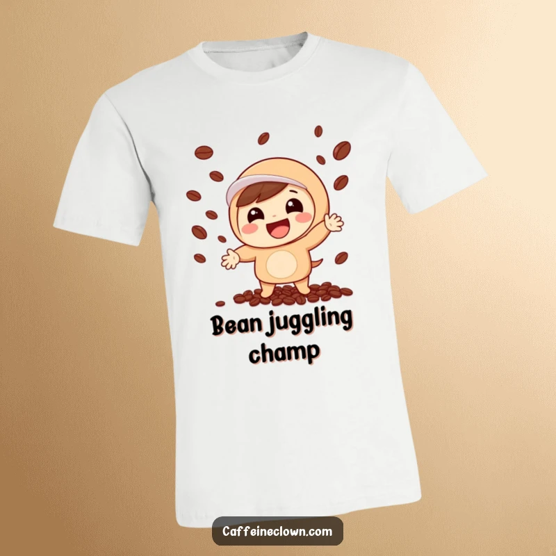 Funny t-shirt with a cheerful character enthusiastically tossing coffee beans in the air with a huge grin, perfect for coffee lovers.