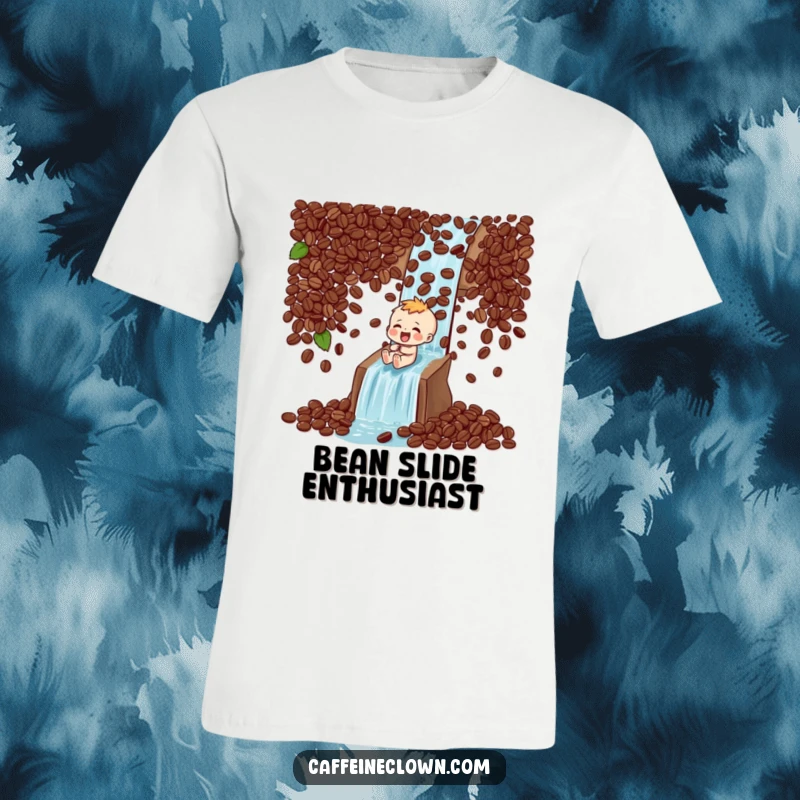 Funny T-Shirt: Character laughs uncontrollably while sliding down a steep waterfall composed of coffee beans, pure exhilaration.