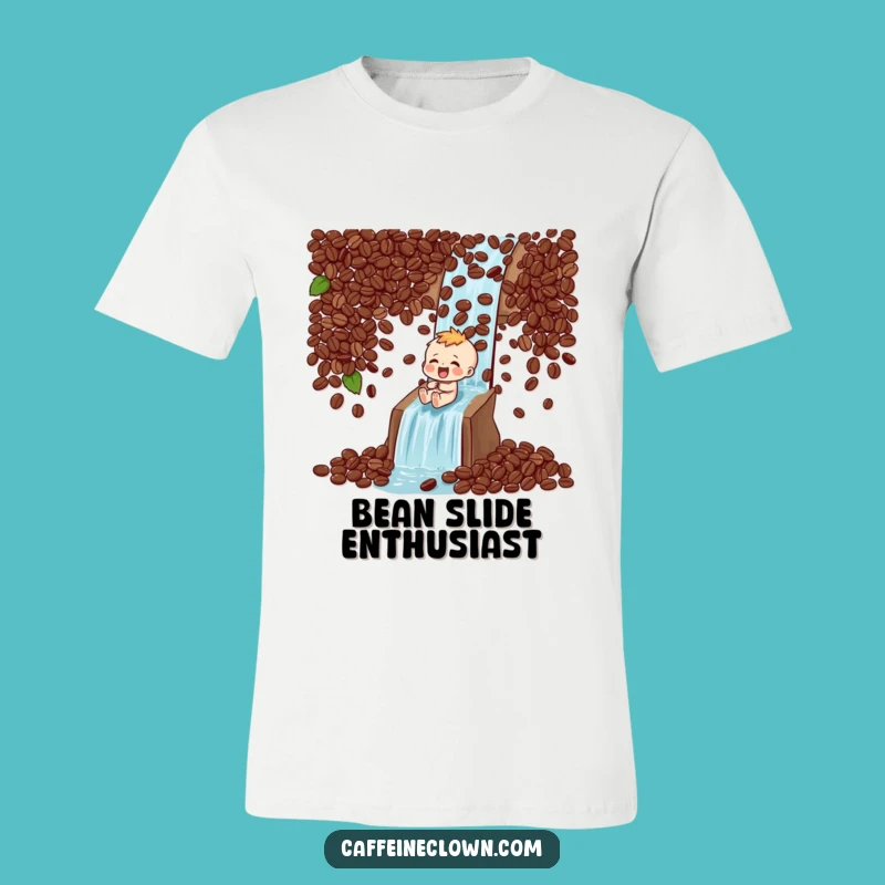 Funny T-Shirt: Coffee Bean Waterfall Sliding Character - Perfect Gift!