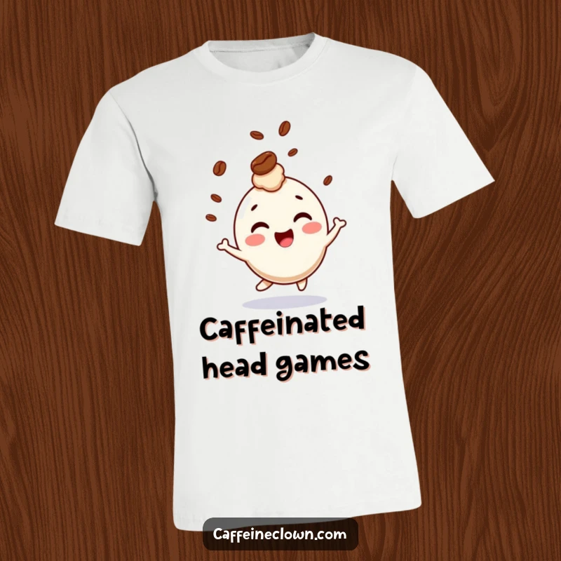 Funny t-shirt depicting a giggling character in mid-bounce with a coffee bean comically bouncing on its head.