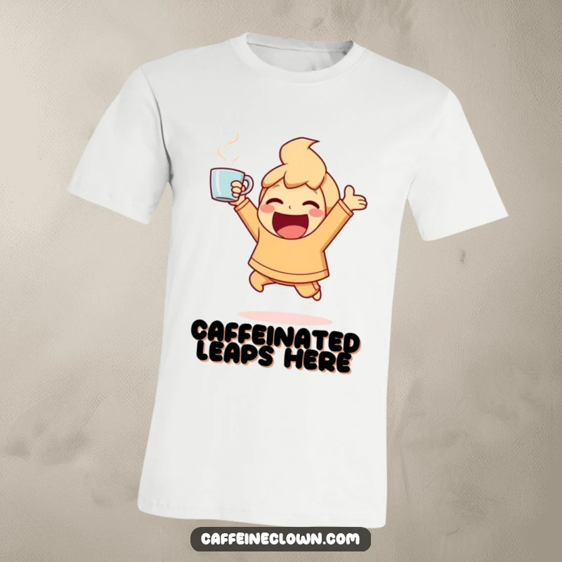 Funny T-Shirt design of a character bouncing ecstatically, holding a steaming coffee cup high, radiating pure joy.
