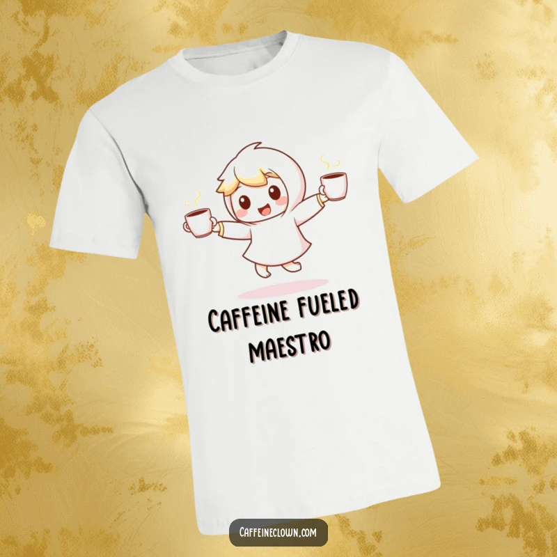 Funny t-shirt showcasing a small, energetic character gleefully dancing with two steaming coffee cups, embodying coffee-fueled joy.