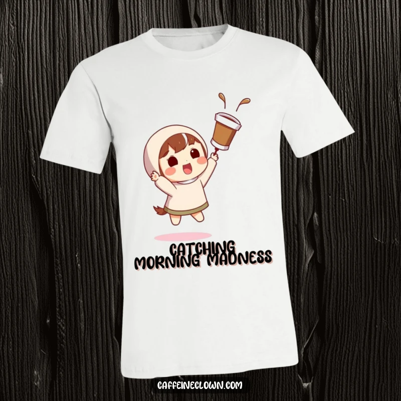 Funny t-shirt showing a character with a surprised grin mid-catch of a flying coffee cup, celebrating coffee moments.