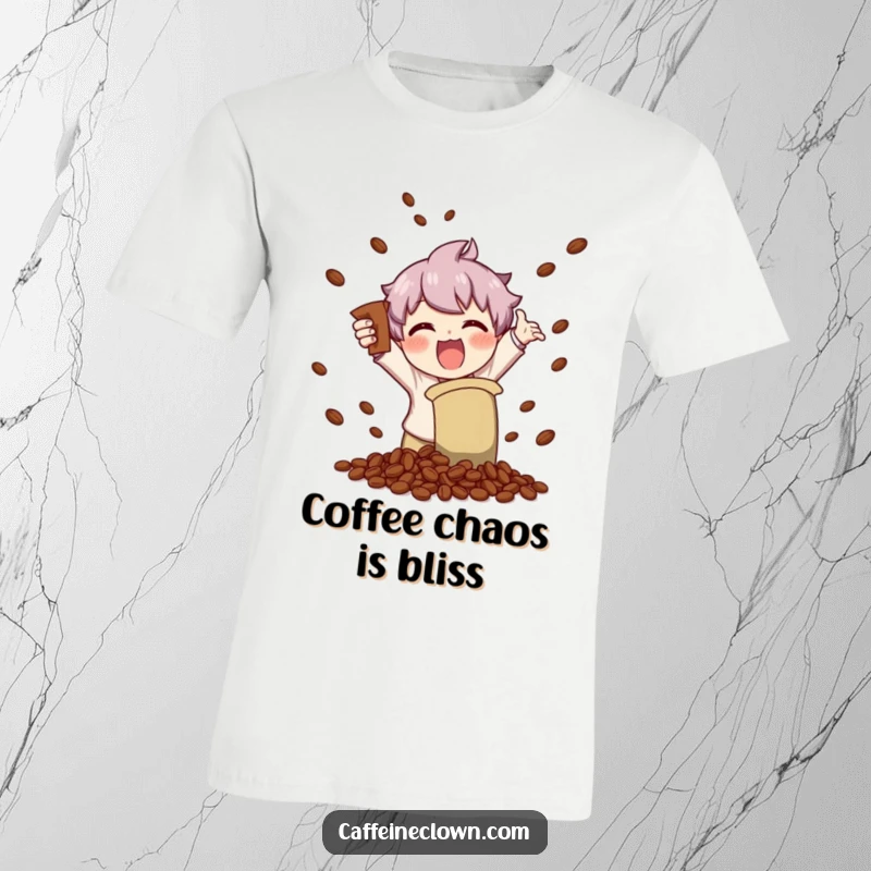 Funny t-shirt showing a character joyfully shaking a coffee bag, causing coffee beans to scatter with gleeful abandon.