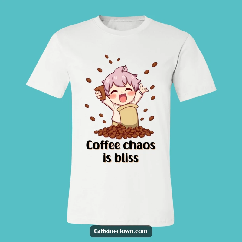 Funny Coffee Bean Blast T-Shirt: Character Shaking Beans Joyfully, Hilarious Tee