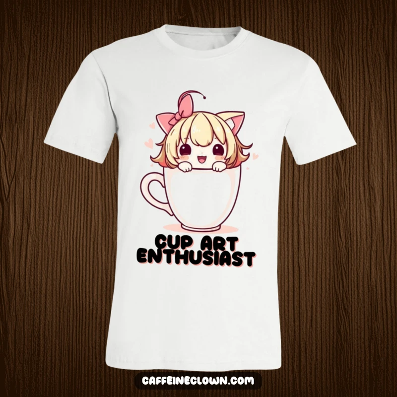 Funny t-shirt featuring a cute character adorning a coffee cup with a playful flourish, celebrating creativity and charm.