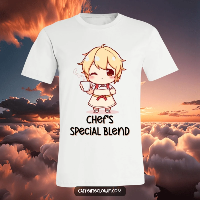 Funny t-shirt design of a character wearing an apron and proudly presenting a steaming hot cup, ideal for food lovers.