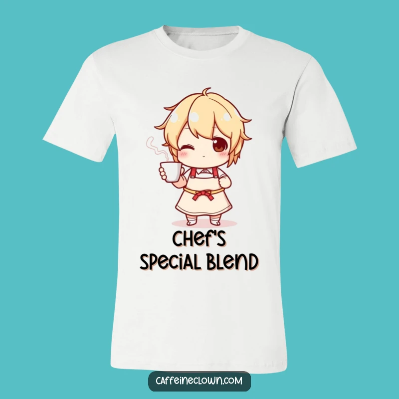 Funny Apron T-Shirt: Chef Character's Steaming Cup Celebration!