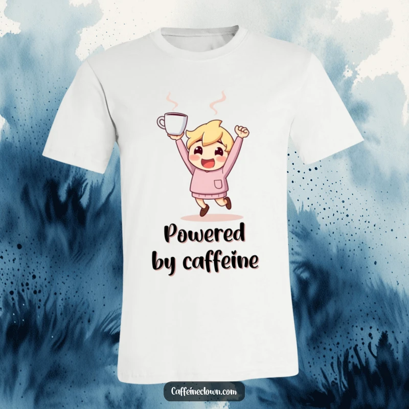 Funny T-Shirt: Character bounces with infectious energy, holding a steaming coffee cup aloft, radiating morning excitement.