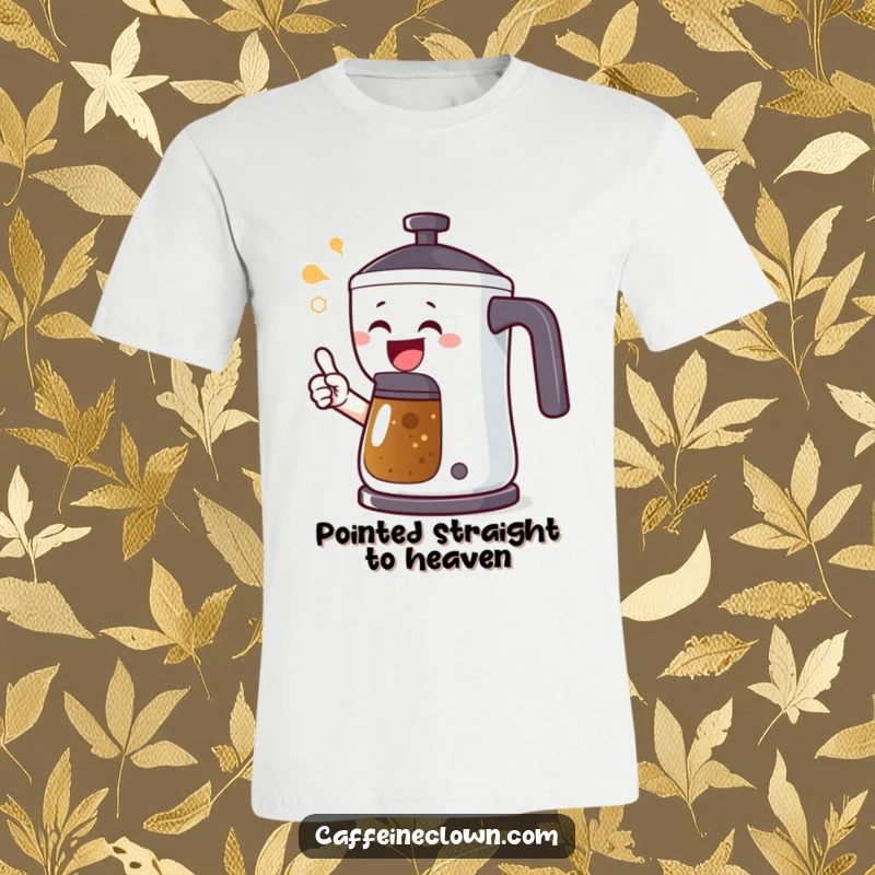 Funny t-shirt depicting an excited character pointing at a vigorously bubbling coffee pot, celebrating the arrival of hot coffee.