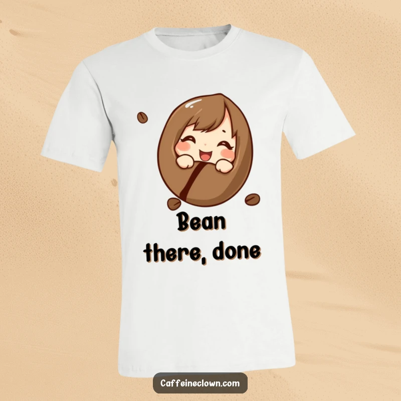 Funny T-shirt with a character curiously and cheerfully looking at a coffee bean, representing a deep appreciation for coffee's source, a great funny gift.