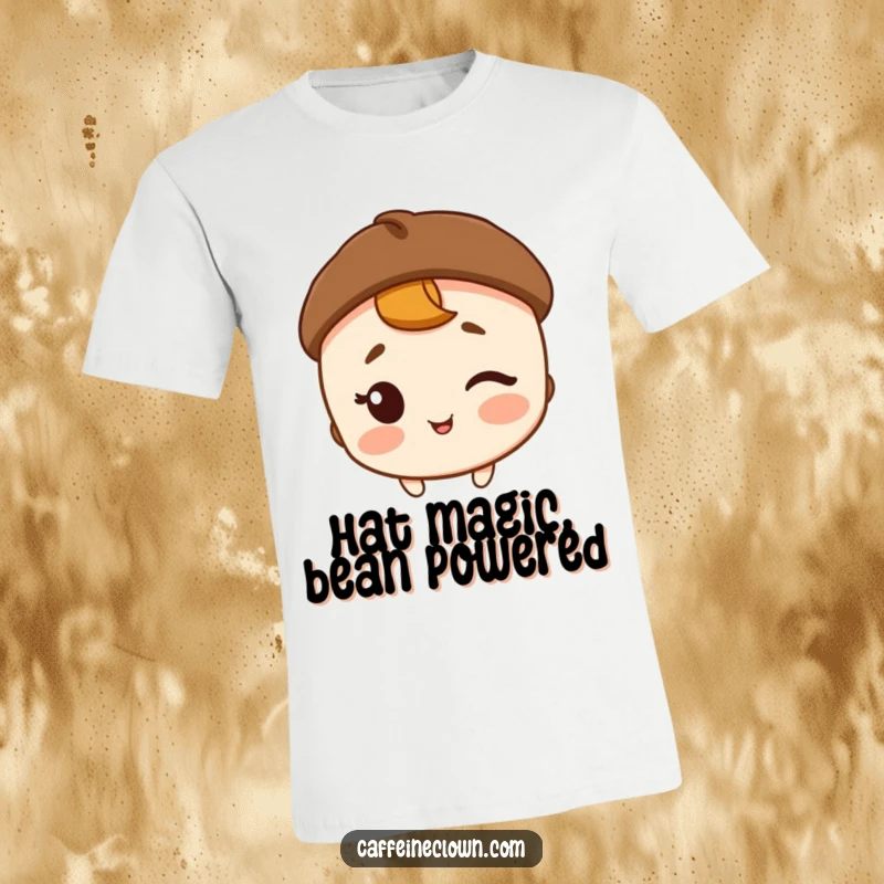 Funny t-shirt showing a winking character wearing a coffee bean hat, exuding coffee-loving charm and playfulness.