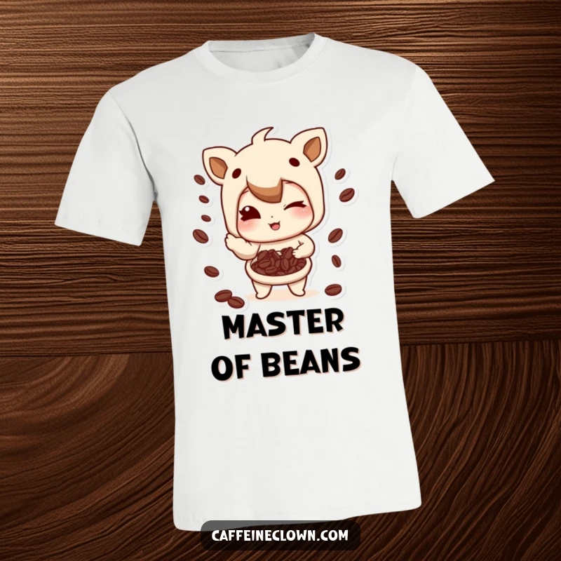 Funny T-Shirt: Character winking mischievously while juggling coffee beans, embodying a playful and skilled coffee enthusiast.