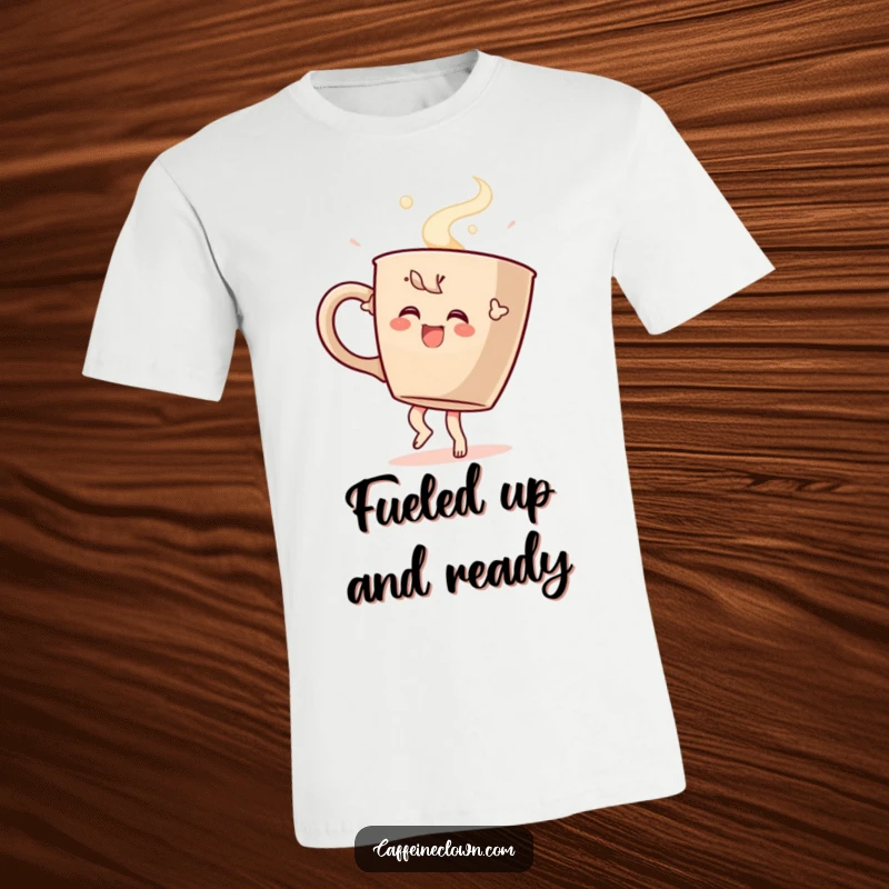 Funny t-shirt depicting a character in a celebratory dance pose with a massive steaming coffee cup, radiating pure coffee joy and energy.
