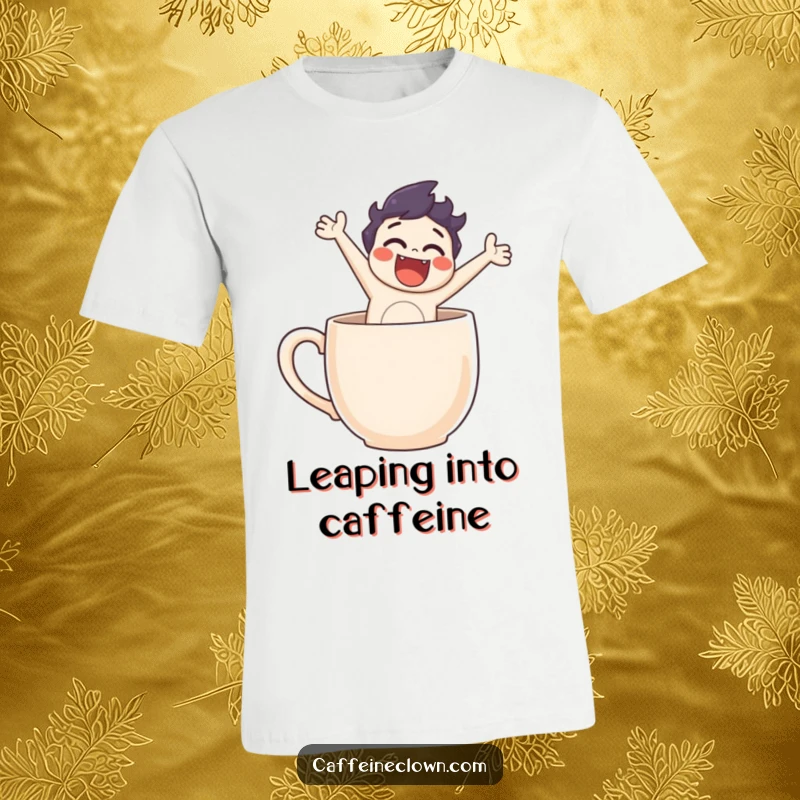 Funny t-shirt design of a character dramatically jumping out of a coffee mug, conveying a sense of morning excitement and escape.