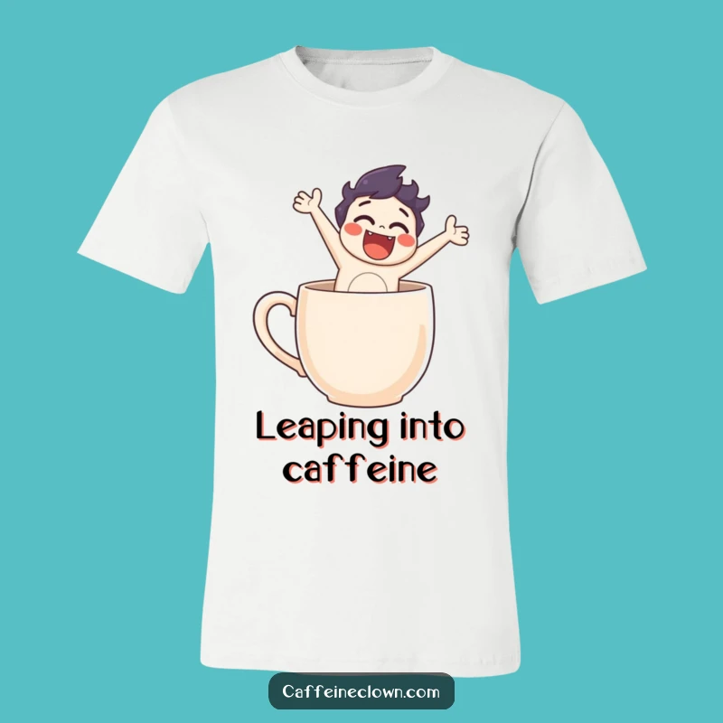Funny Coffee Escape T-Shirt: Character's Hilarious Leap Out of Mug!
