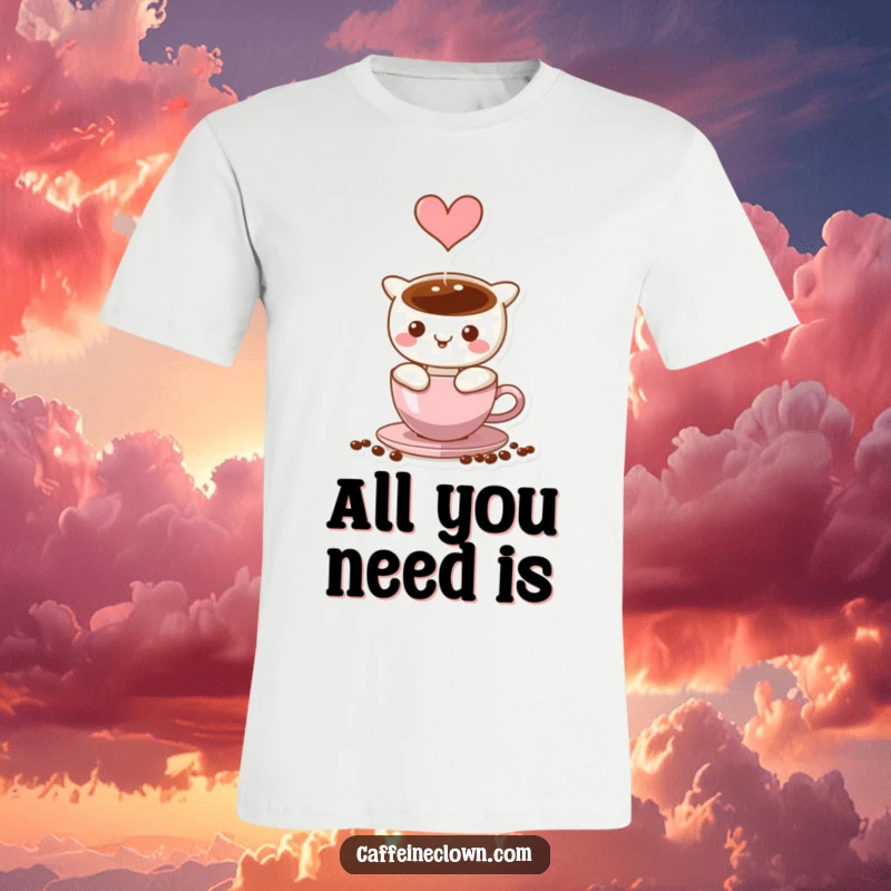 Funny T-Shirt featuring steam from coffee forming a clear heart shape, expressing love for coffee.