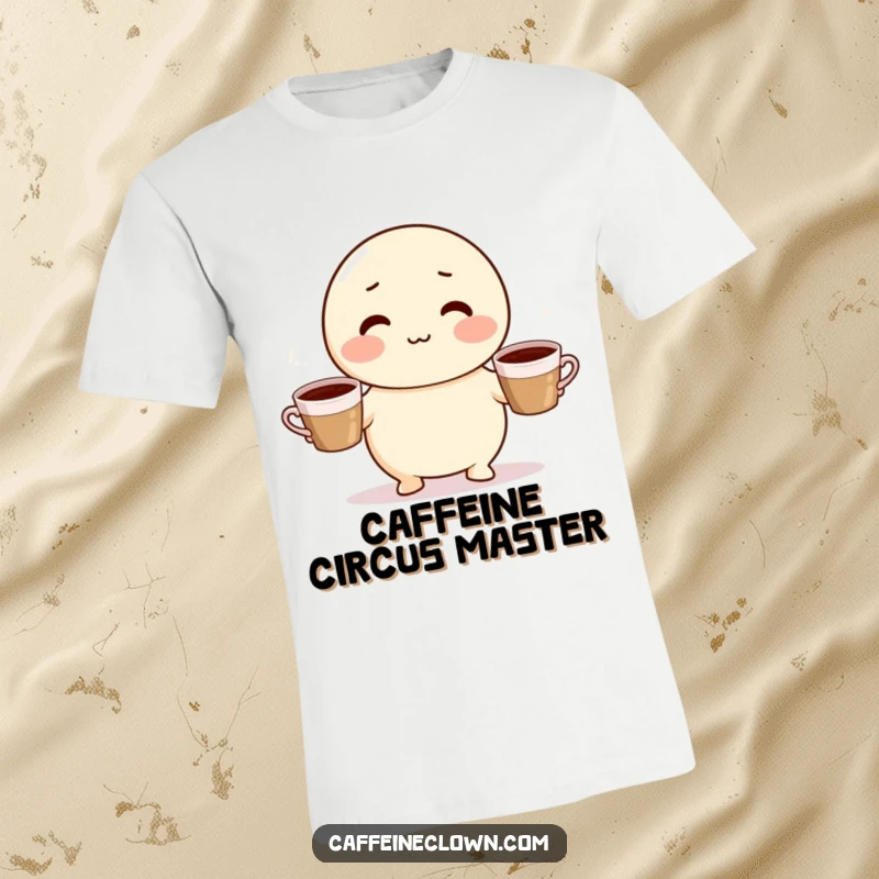 Funny t-shirt showcasing a cute, round character with rosy cheeks juggling three steaming coffee cups with a joyful expression.