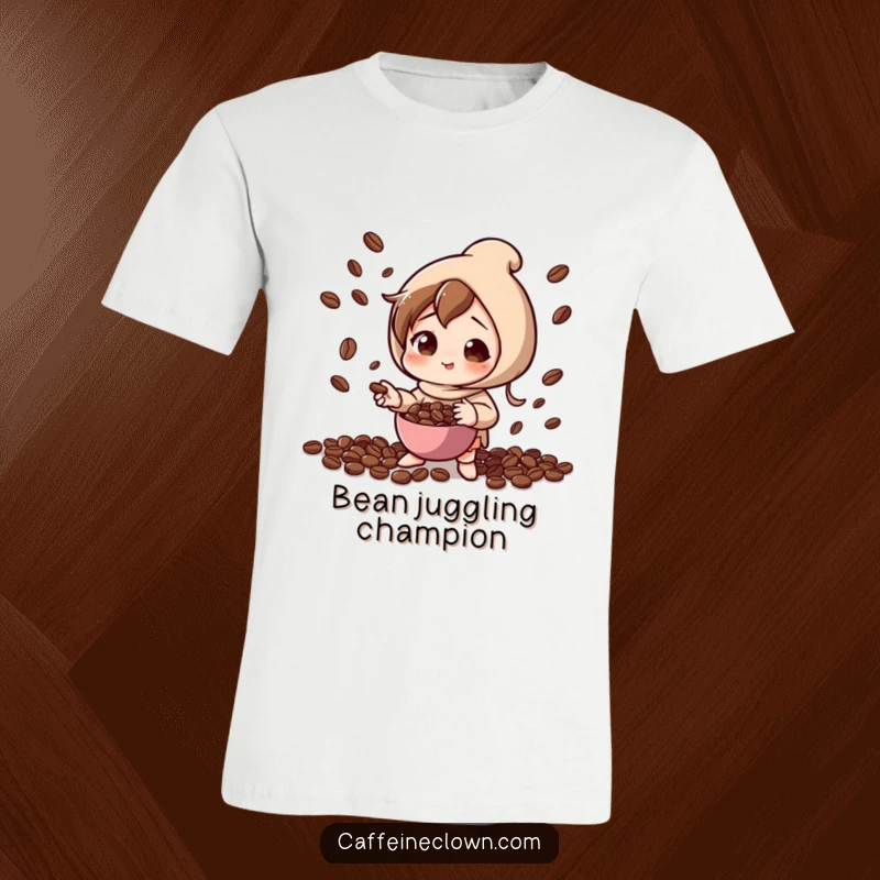 Funny t-shirt design of a character with focused concentration, expertly juggling coffee beans, representing playful multitasking and coffee passion.