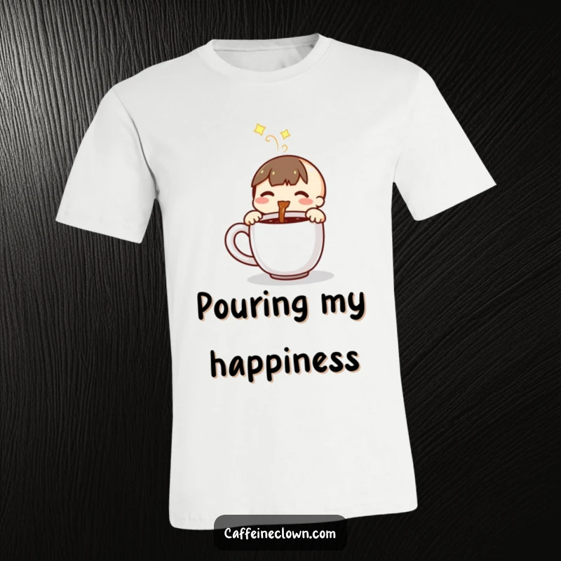 Funny t-shirt featuring a small character joyfully pouring steaming coffee into a mug, celebrating caffeine.