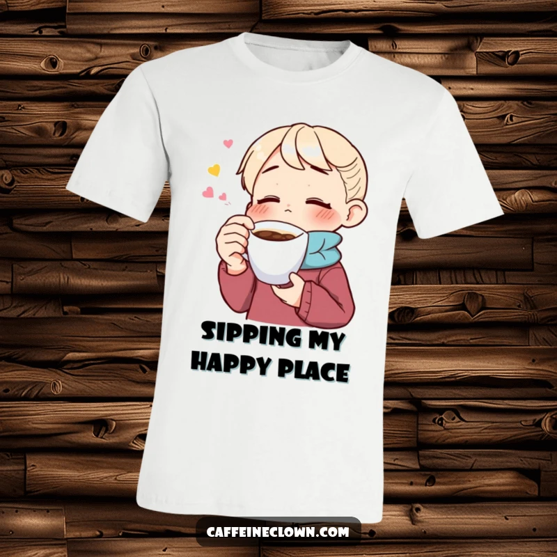 Funny t-shirt showing an excited person with eyes shut, relishing a sip of coffee, highlighting the intense pleasure of a great brew.