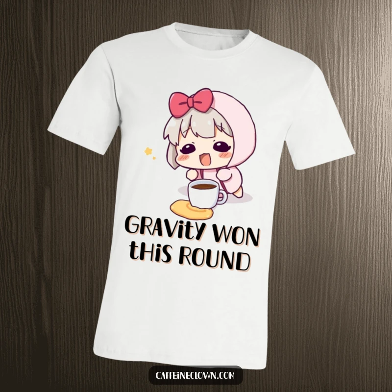 Funny t-shirt featuring a character tripping and spilling a tiny coffee cup, with a surprised blush showing mild embarrassment.