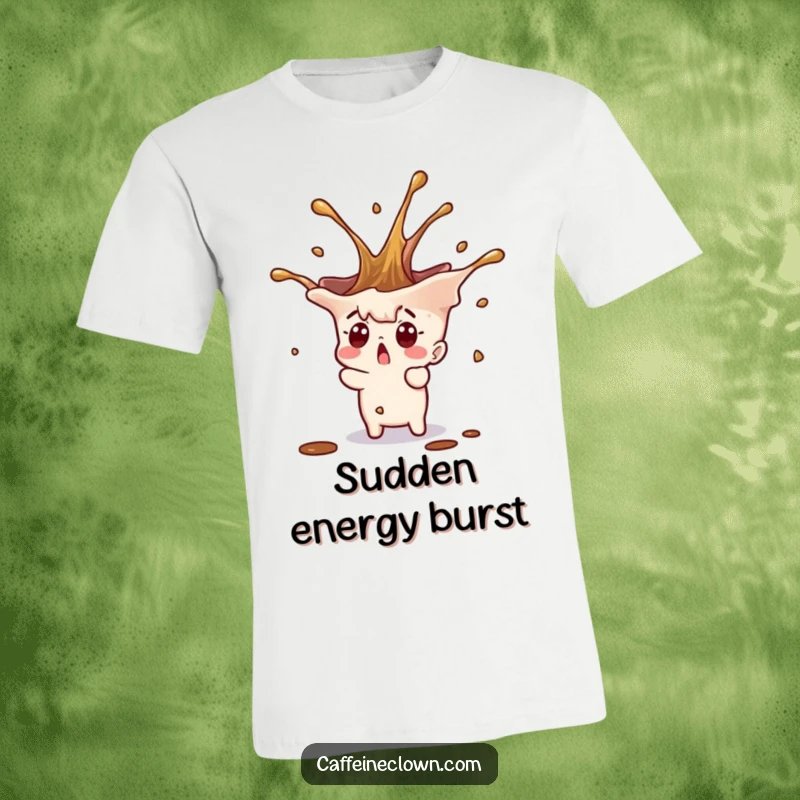 Funny tiny character looking surprised with a dynamic coffee splash erupting upwards on a cool t-shirt.