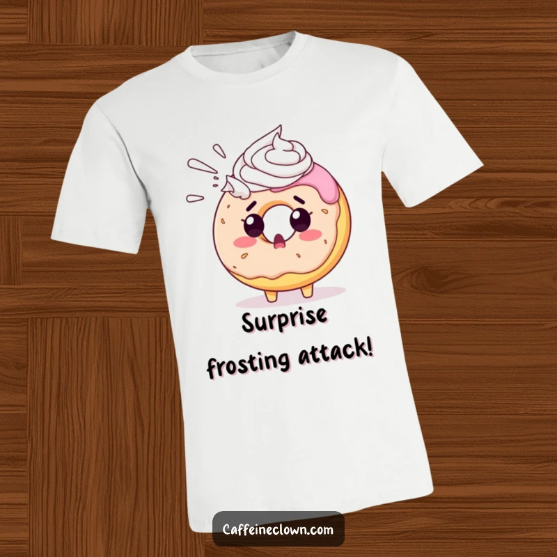 Funny donut t-shirt depicting a shocked donut character being sprayed with whipped cream, a hilarious food design.
