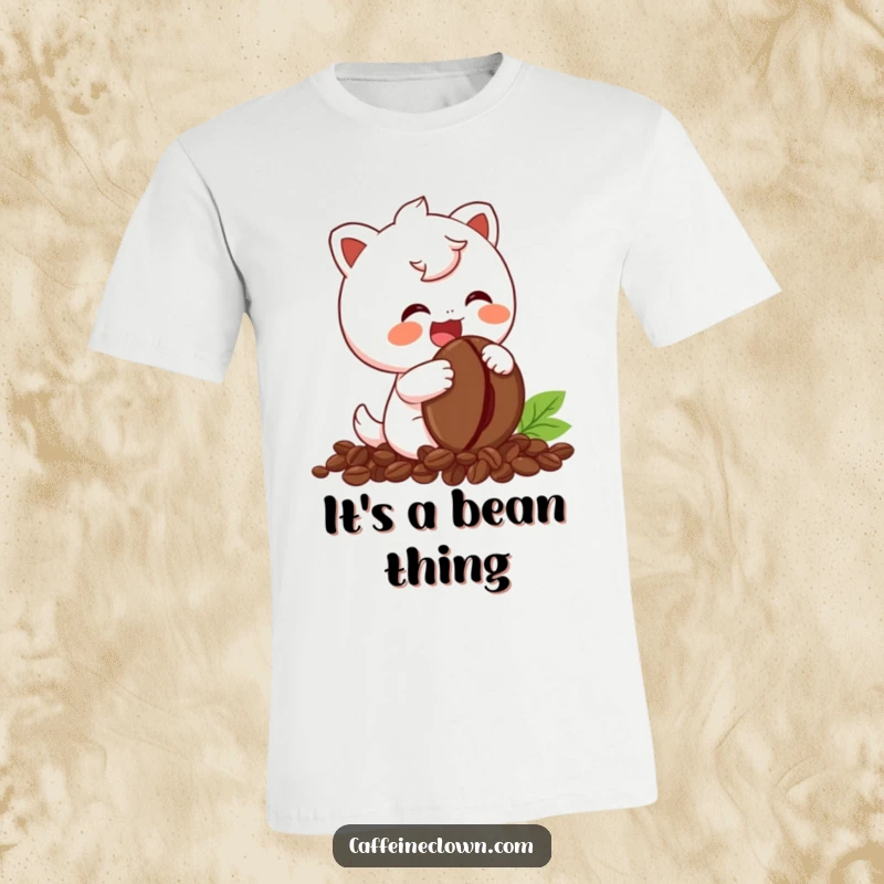 Funny T-Shirt showing a cute character giggling with pure delight, holding a single coffee bean like a treasure.