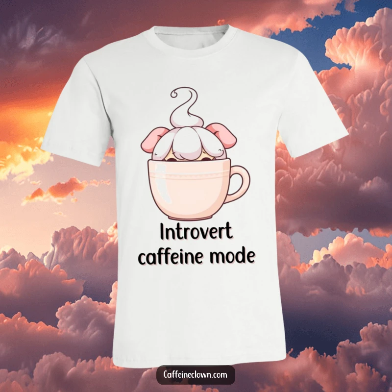 Funny T-shirt with a character peeking mischievously from behind a steaming mug, perfect for stealthy coffee drinkers, a humorous gift.