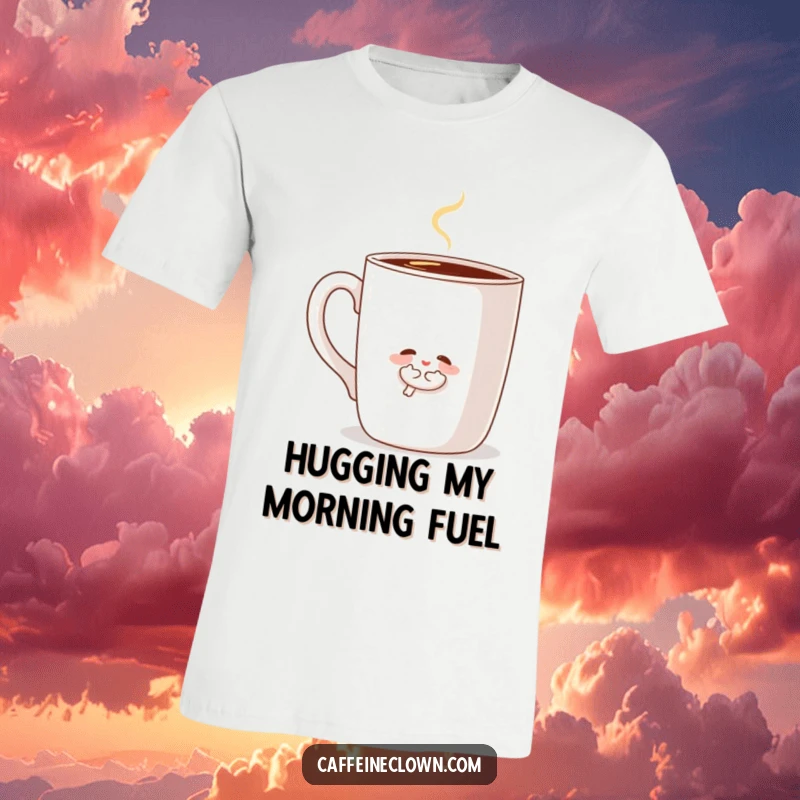Funny t-shirt with a small character hugging a huge, steaming coffee mug, symbolizing a deep love and comfort found in coffee.