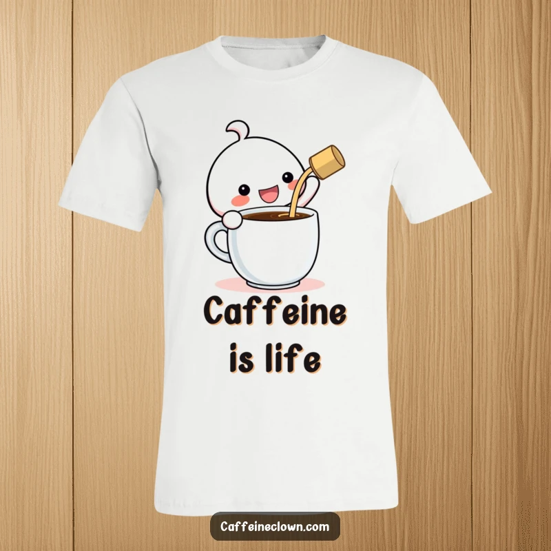 Funny T-Shirt: Kawaii character gleefully pouring coffee into a gigantic cup, a joyful depiction of extreme caffeine enthusiasm.