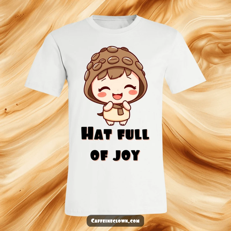 Funny kawaii t-shirt with a cute character wearing a coffee bean hat, giggling playfully, exuding happiness and charm.