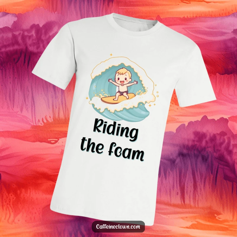 Funny adorable subject joyfully surfing a wave made of latte foam on a comfortable and stylish t-shirt.