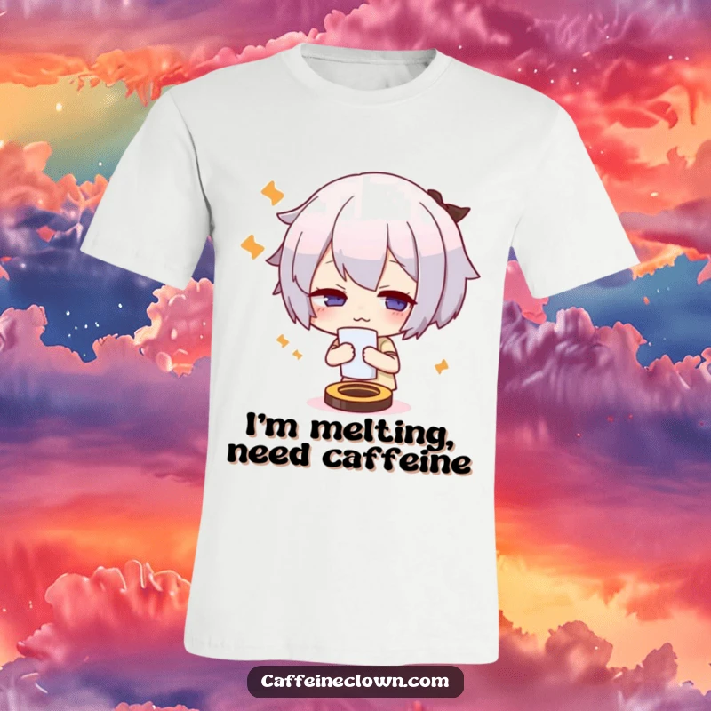 Funny t-shirt with a cute character fanning themselves dramatically, looking overheated and slightly distressed, coffee-themed humor.