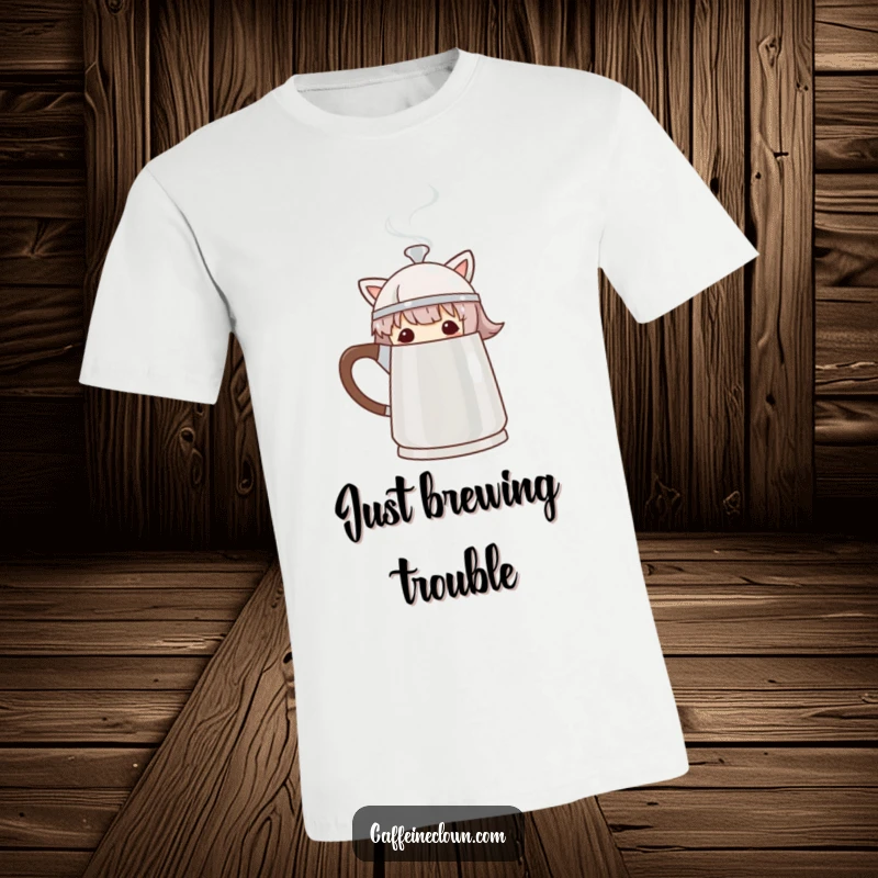 Funny T-Shirt with a character peeking out from behind a steaming coffee pot, capturing a fun coffee moment.