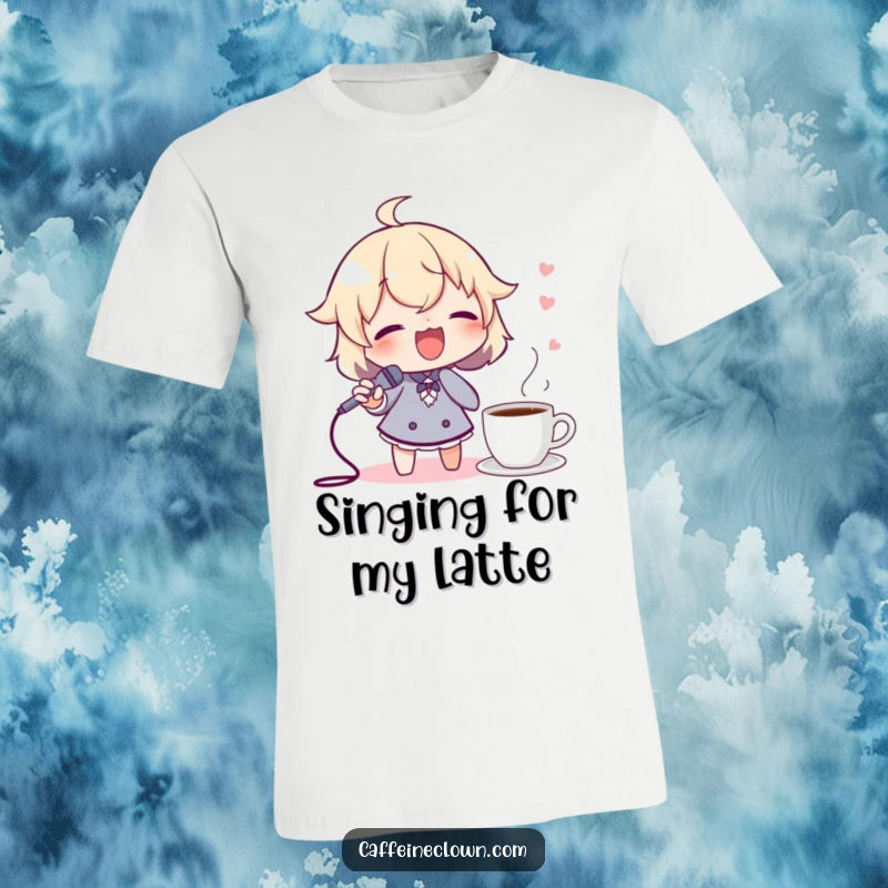 Funny t-shirt featuring a character singing joyfully with a spoon held like a microphone, with coffee in proximity.
