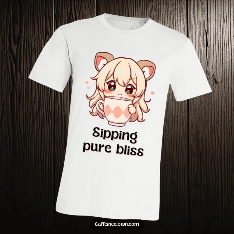 Funny t-shirt featuring a character with sparkling eyes, joyfully sipping from a steaming cup, celebrating moments of pure happiness.