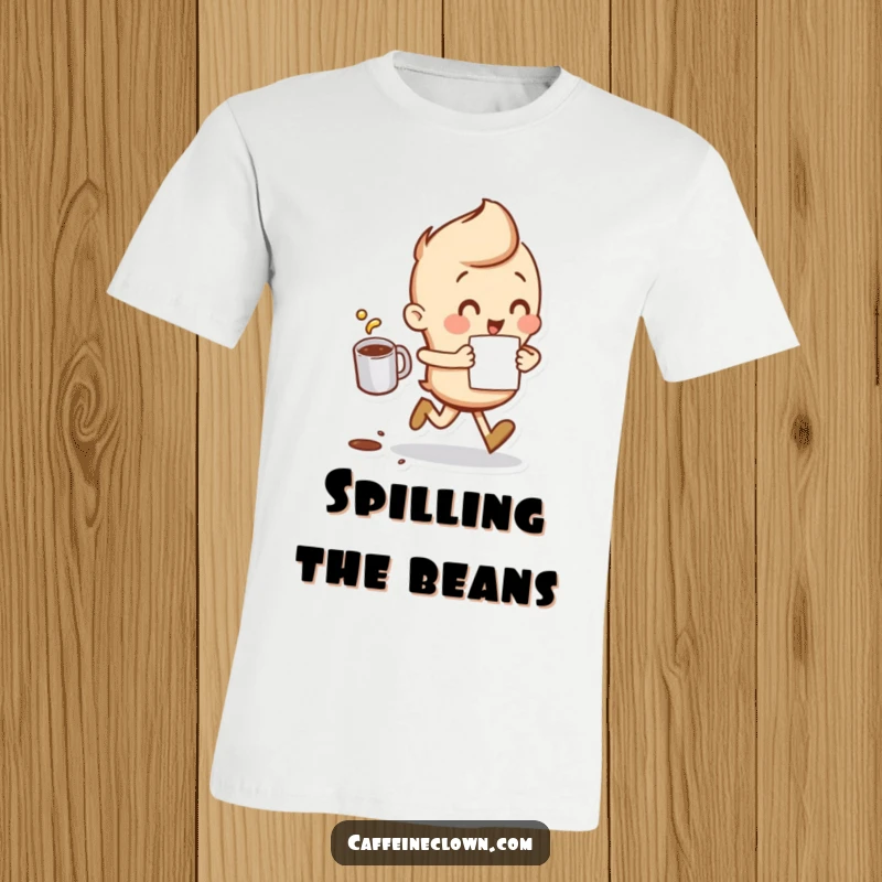 Funny T-Shirt of a character running with a coffee cup, a little coffee spilling, portraying a busy lifestyle.