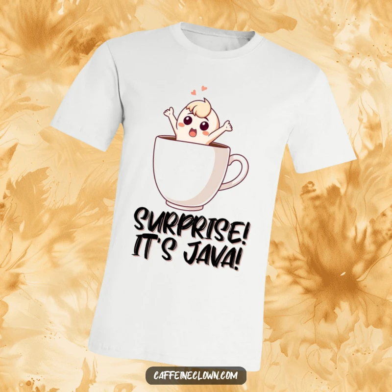 Funny T-Shirt: Startled character explosively jumps out of a massive coffee cup, conveying surprise and caffeine-fueled energy, perfect for laughs.