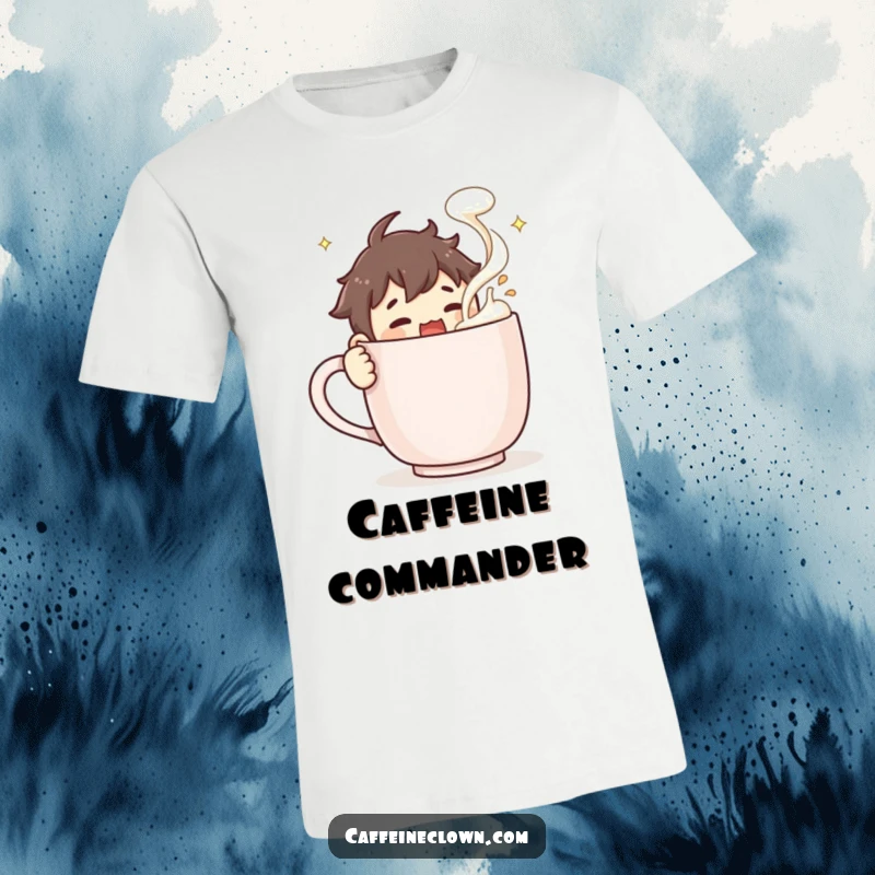 Funny T-Shirt: A character gleefully stirs an enormous steaming coffee mug, froth erupting, showcasing extreme coffee enthusiasm.