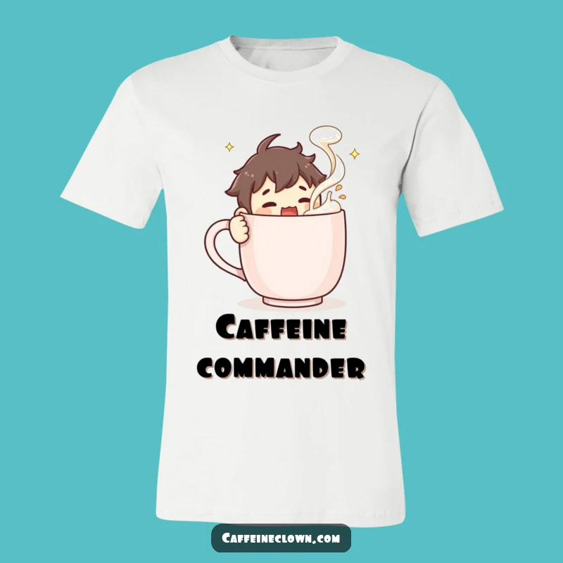 Funny T-Shirt: Character Stirring Giant Coffee Mug, Froth Flying - Ultimate Caffeine Humor!