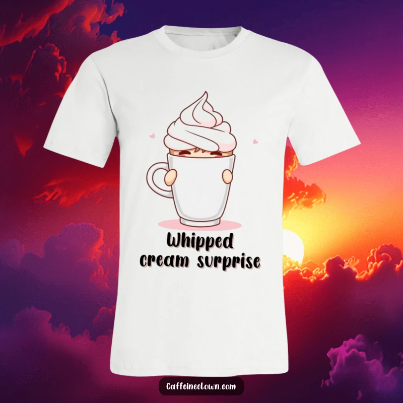 Funny T-Shirt of a character accidentally spraying whipped cream from a coffee cup while taking a sip, a messy scene.
