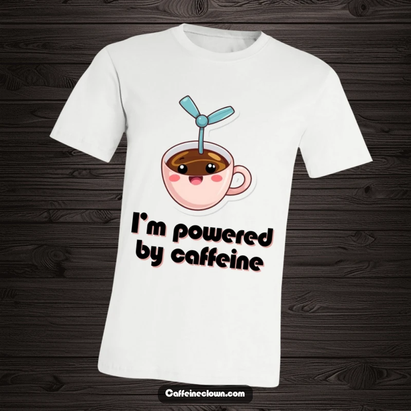 Funny propeller coffee t-shirt featuring a cheerful coffee cup with a tiny propeller, airborne and erratic, a humorous beverage design.