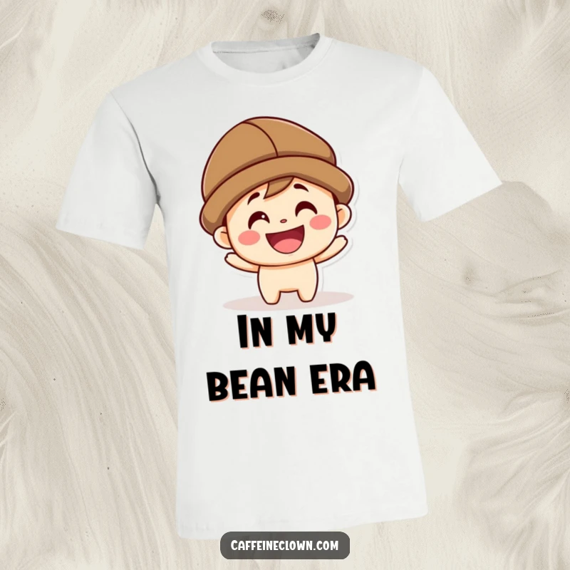 Funny kawaii character with a wide grin wearing a coffee bean hat on a comfortable t-shirt.