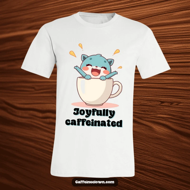 Funny t-shirt with a delighted character explosively bursting out of a steaming coffee cup, radiating pure, uncontainable coffee joy.