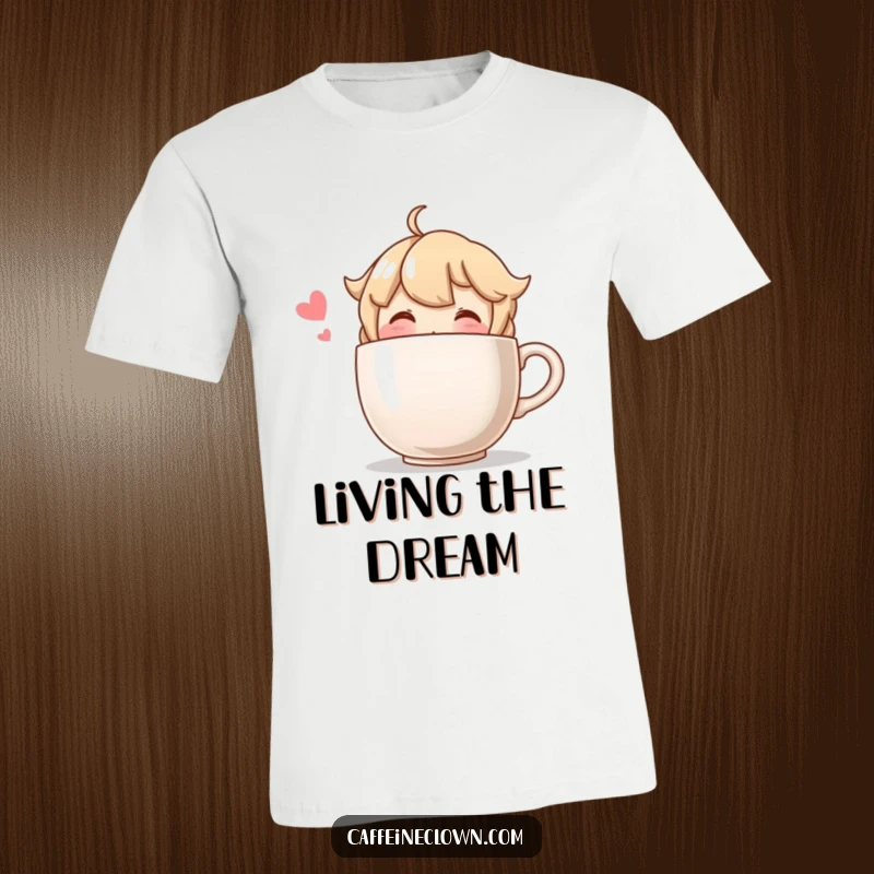 Funny t-shirt showcasing a blushing character with a look of pure joy, happily sipping from a comically oversized coffee cup.
